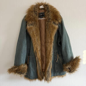 Vintage Y2K MixIt Shaggy Penny Lane Boho Denim Faux Fur Trim Jacket Women’s XL